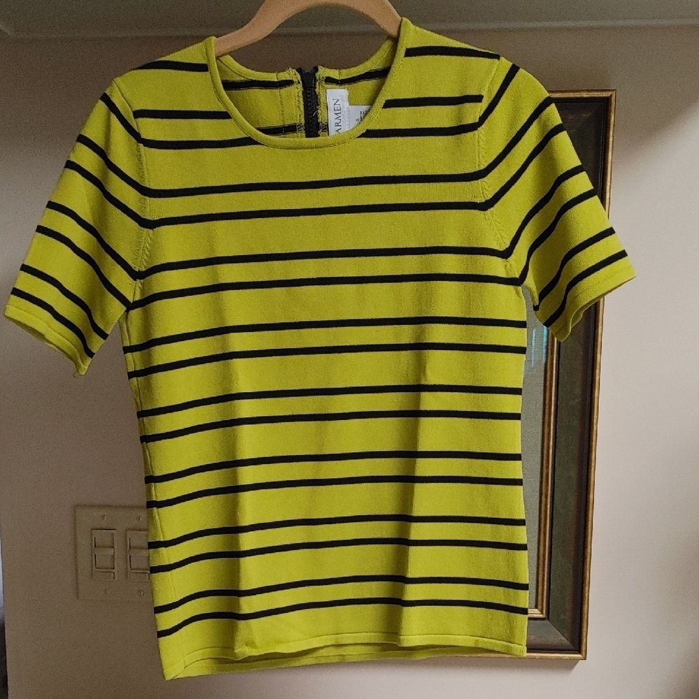 Carmen Marc Valvo Chartreuse Black Stripe Knit Crew Neck Short Sleeve Top Size S